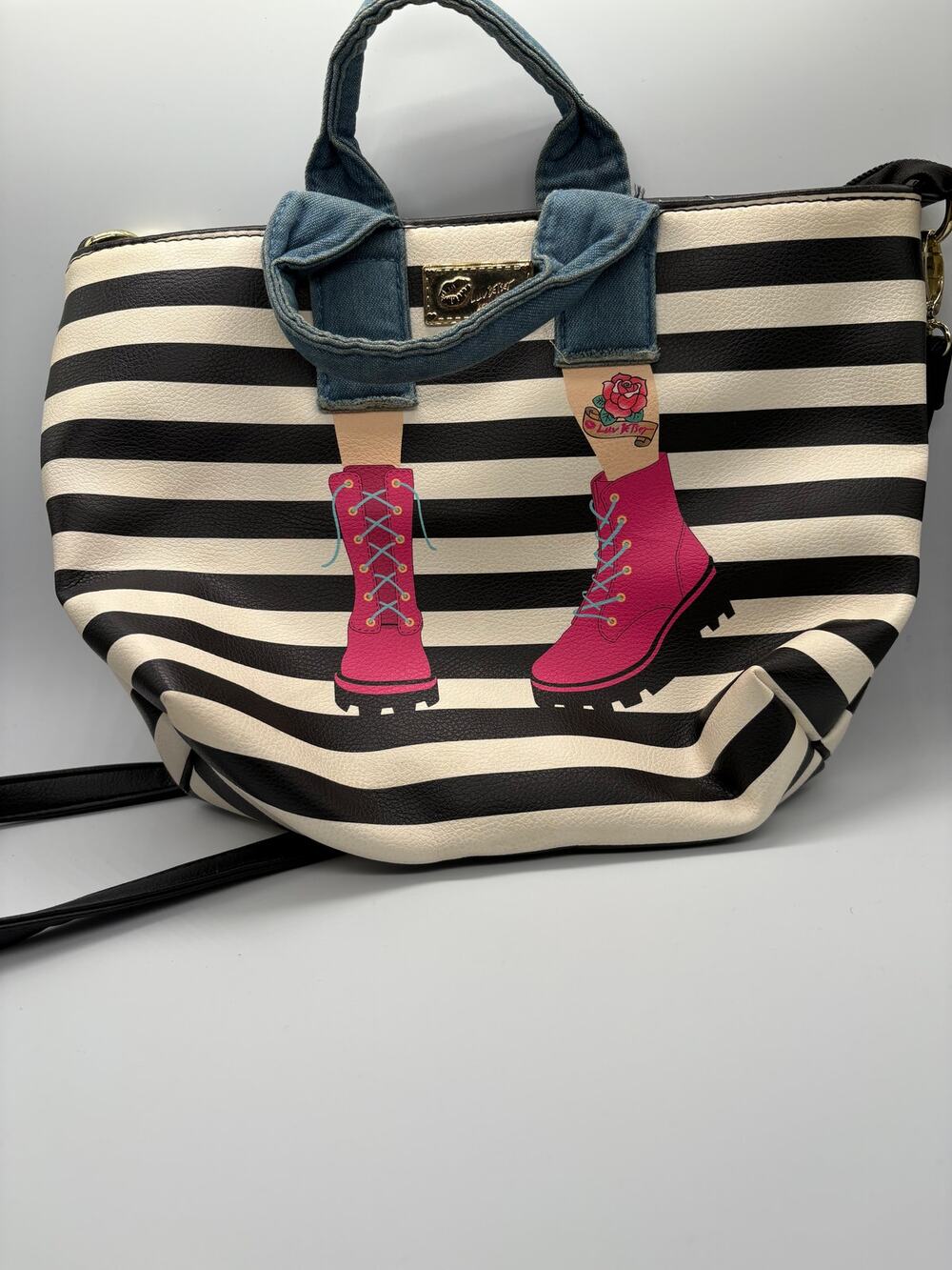 Betsey Johnson Black & White Striped Canvas Tote – Legs Appliqué
